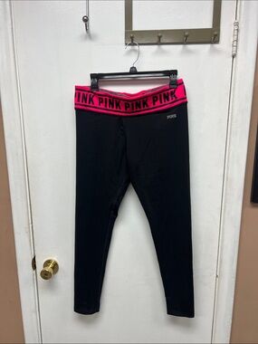 PINK Victoria's Secret Black Leggings with Hot Pink Logo Waistband size Large